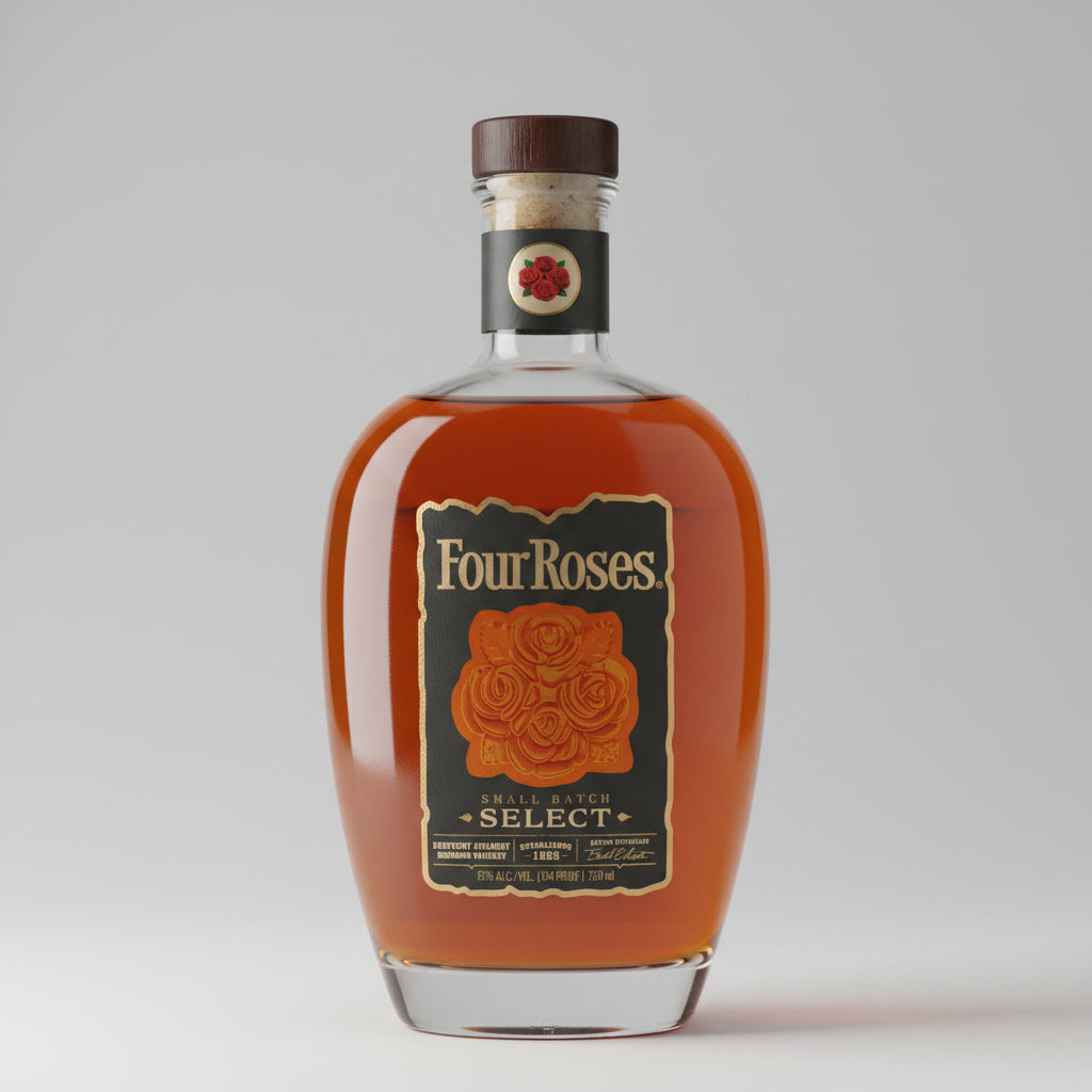 A bottle of Four Roses Select Kentucky Straight Bourbon Whiskey on a light gray background.