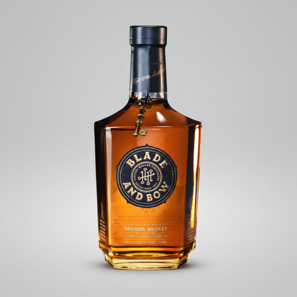 A bottle of Blade and Bow bourbon whiskey with amber liquid, a black cap, and a black and gold label, centered on a light gray background.