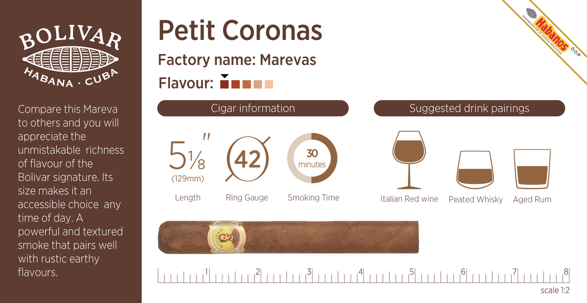 A product information card for a Bolivar Petit Coronas cigar. The card features the Bolivar Habana Cuba logo on a dark brown background on the left, product details on the right including 'Petit Coronas', 'Factory name: Marevas', 'Flavour:', 'Cigar information' with measurements, and 'Suggested drink pairings' with wine and whiskey glasses.
