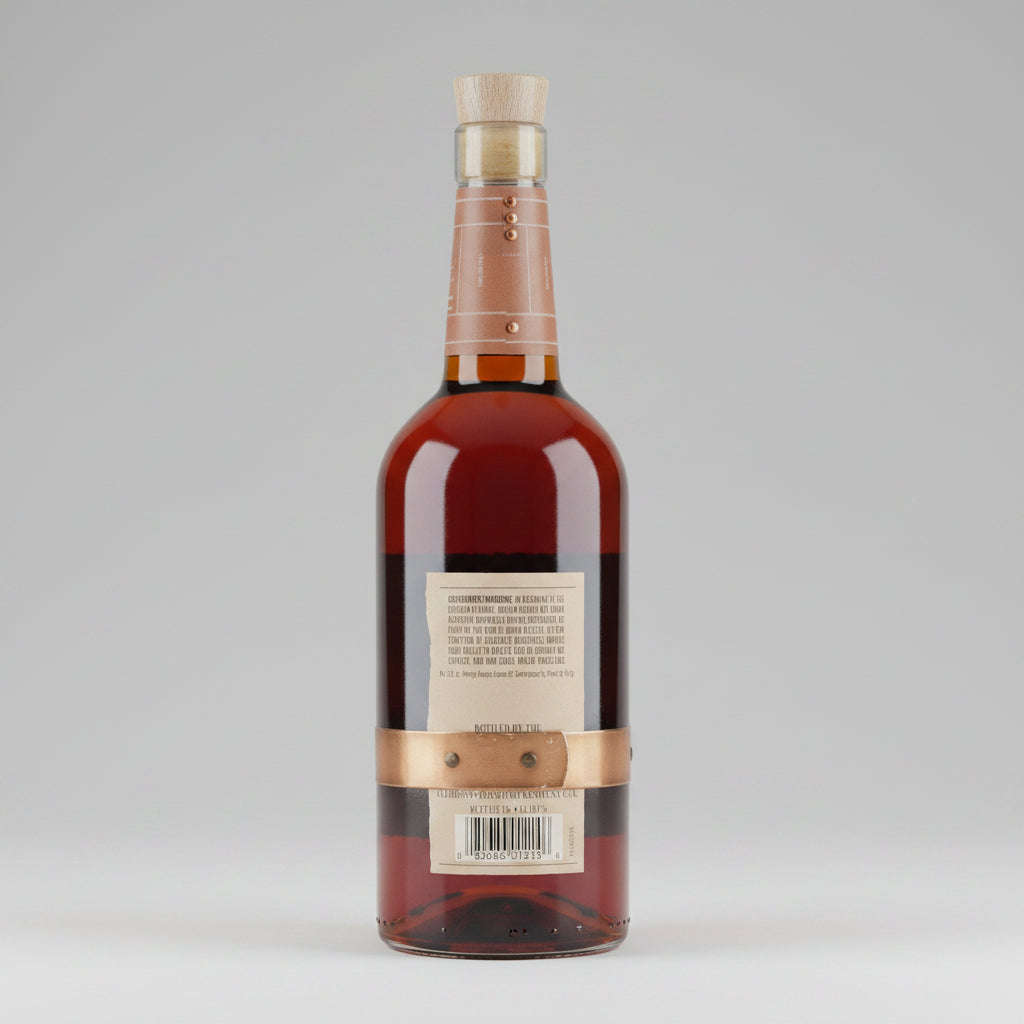Bottle of whiskey with a cork stopper on a white background