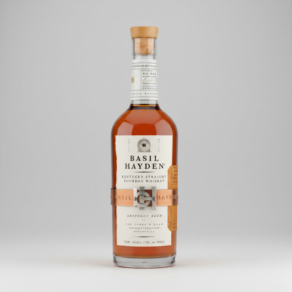 Bottle of Basil Hayden Kentucky Straight Bourbon Whiskey on a white background