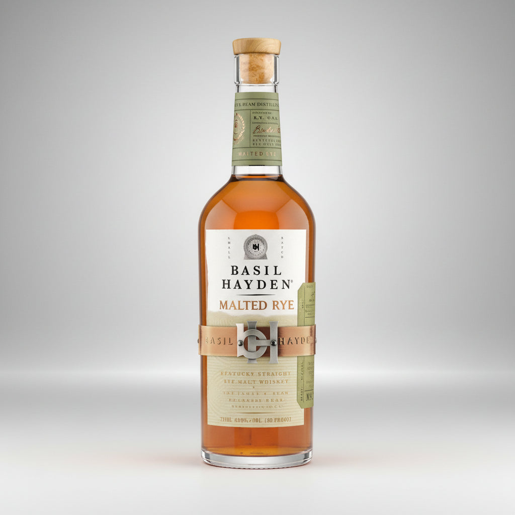 Bottle of Basil Hayden Malted Rye whiskey on a white background