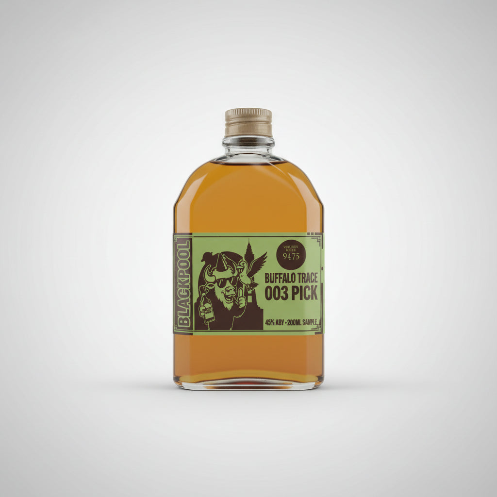 Bottle of Buffalo Trace whiskey on a bar counter with a blurred bar background