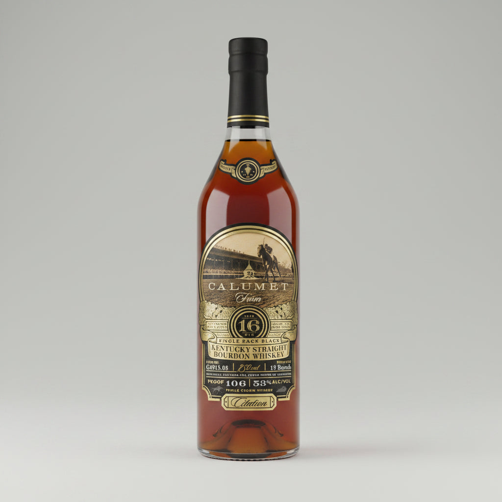 A bottle of Calumet 16 Year Old Kentucky Straight Bourbon Whiskey shown next to a black and gold informational graphic detailing its 19 barrels, 106-batch, 53% ALC/VOL, and 2022 Legacy Release.