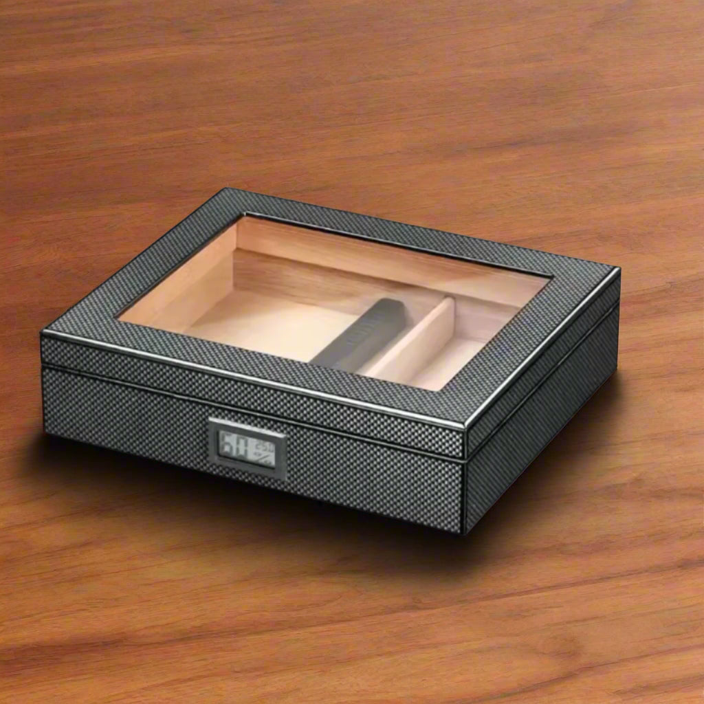 Cigar Humidor with carbon effect exterior finish, Spanish cedar wood interior and Digital humidity reader