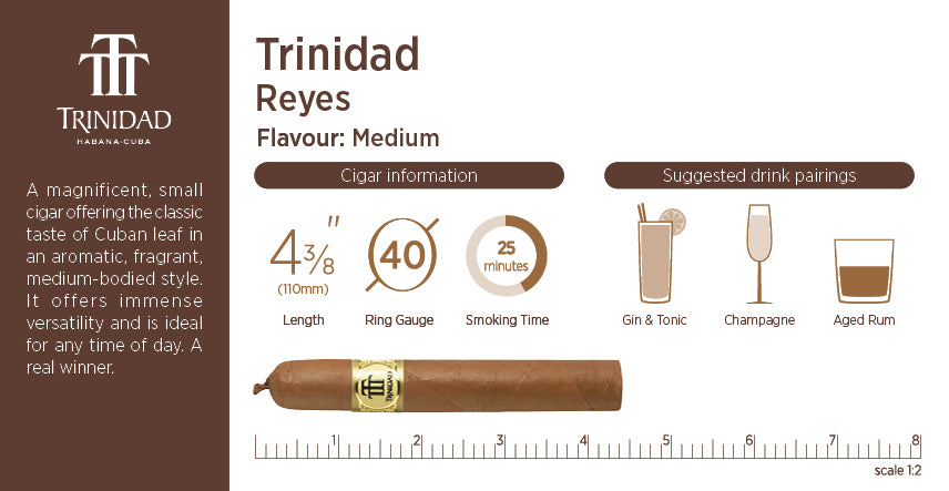 Trinidad Reyes cigar packaging with details on flavor, dimensions, and suggested drink pairings.