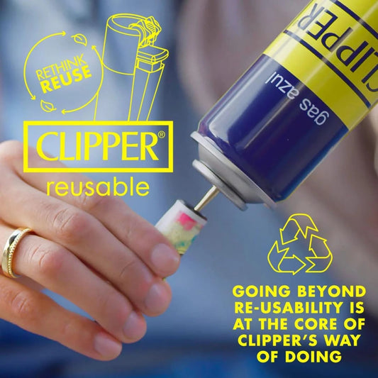Clipper reusable lighter with branding and recycling symbols on a blurred background