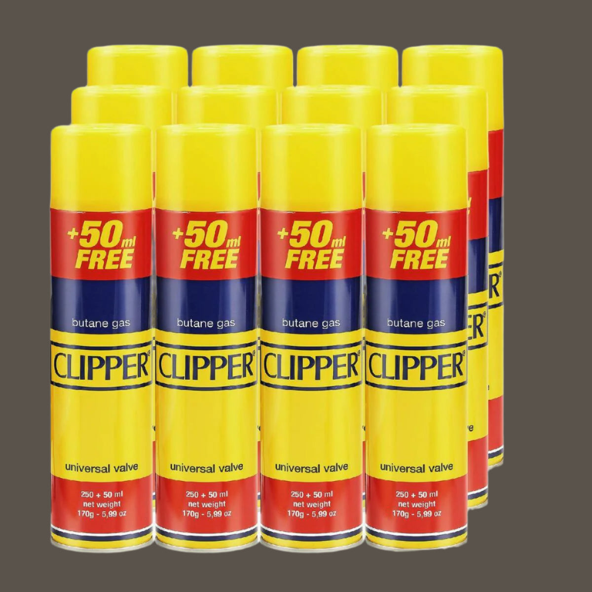 Multiple cans of Clipper butane gas with a 50ml free offer on a white background
