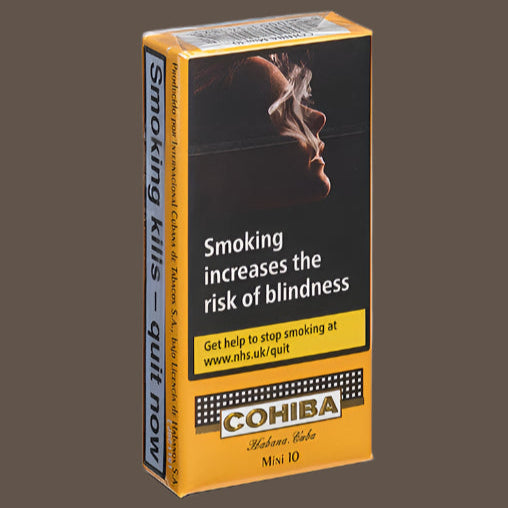Cohiba cigarillos pack with warning label on a white background
