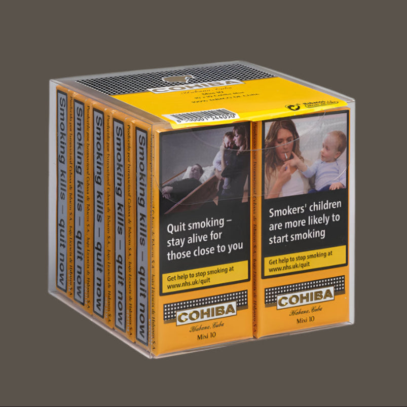 Cohiba tobacco product packaging with warning labels on a white background