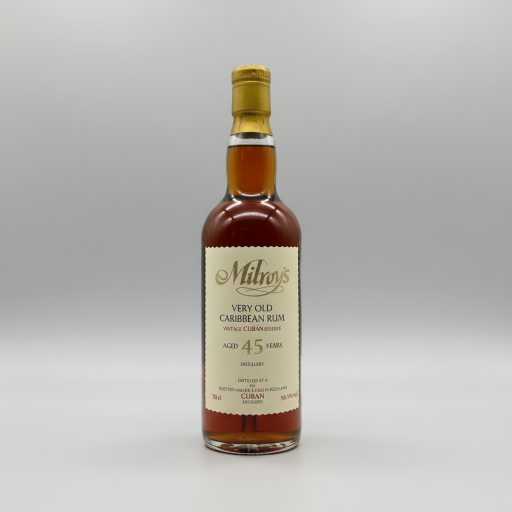Bottle of Milroy's Very Old Caribbean Rum on a white background