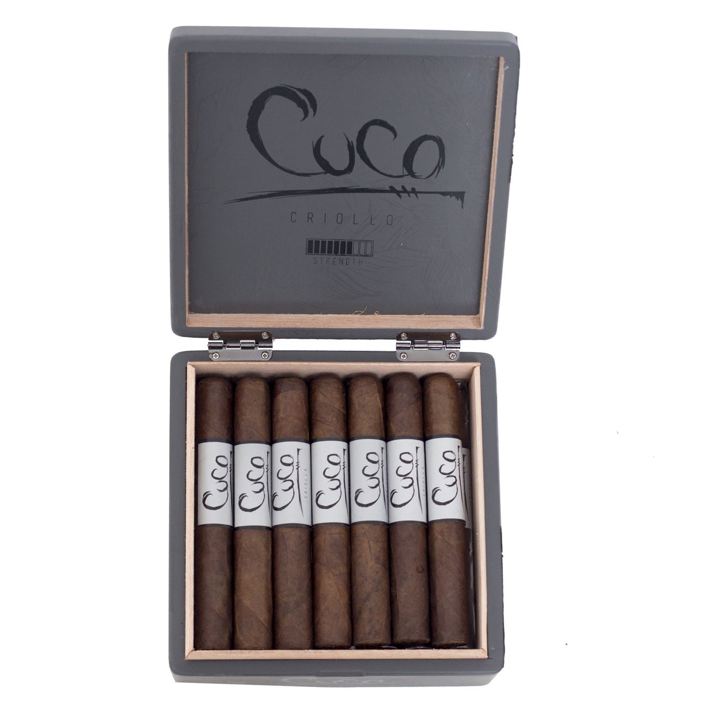 Open cigar box with cigars and labels on a white background
