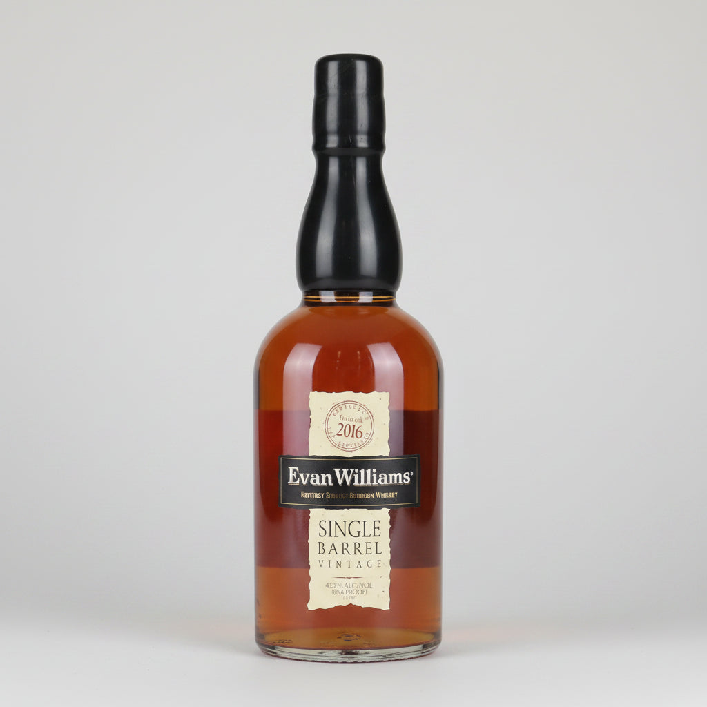 A bottle of Evan Williams Single Barrel Vintage scotch whisky with amber liquid, a black pump-style cap, and a cream label, shown on a white background with a faint reflection.