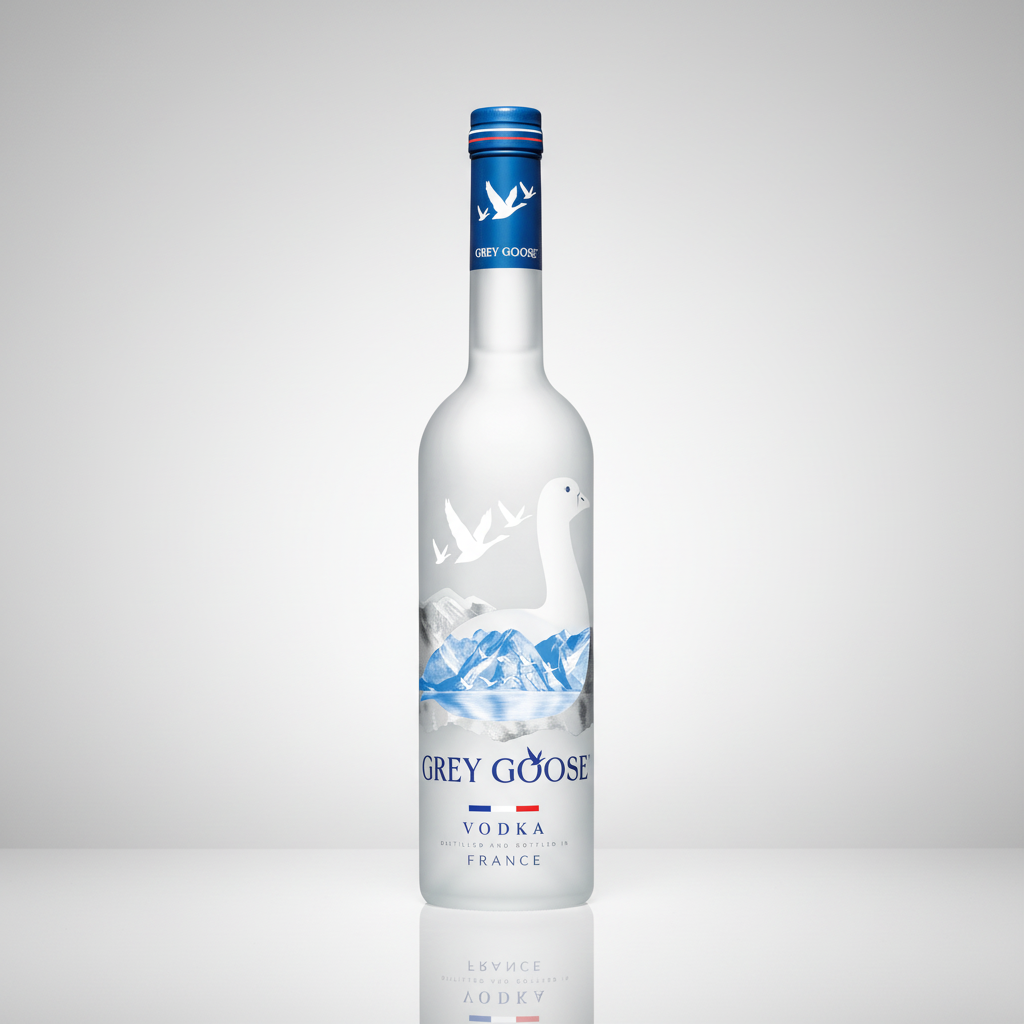 Grey Goose vodka bottle with blue label and mountain design