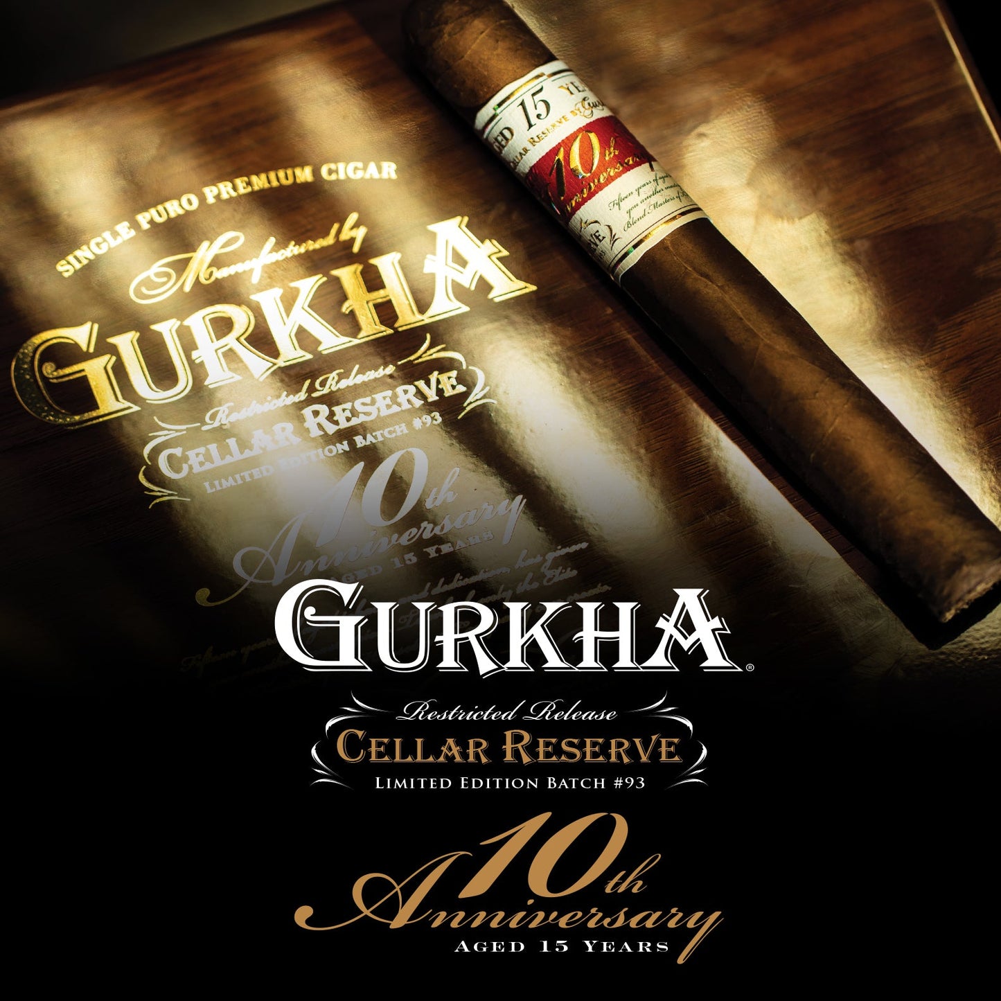 Gurkha Cellar Reserve 10th Anniversary cigar with branding and product details on a dark background