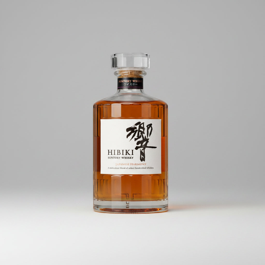 A bottle of Hibiki Suntory Whisky with a clear glass body showing the amber-colored whisky inside, a white label with black Japanese calligraphy and text, and a silver-toned cap, isolated on a white background.