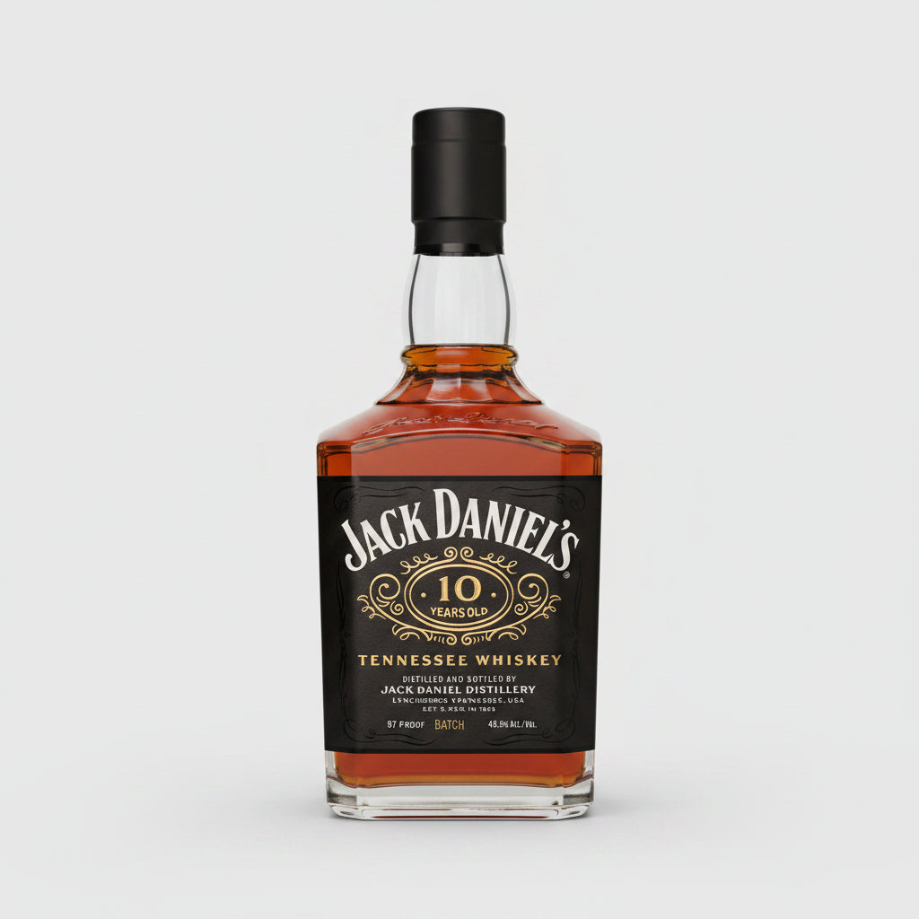 Jack Daniel's 10 Year Tennessee Whiskey bottle on a white background
