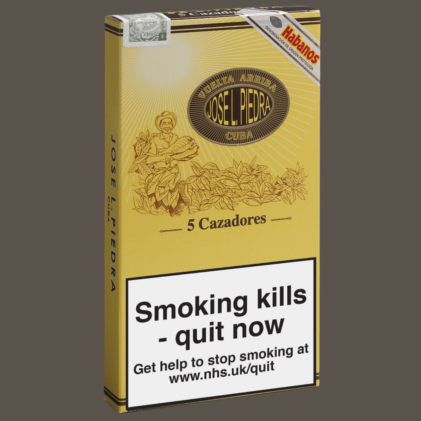 Cigar box with branding and warning label on a white background