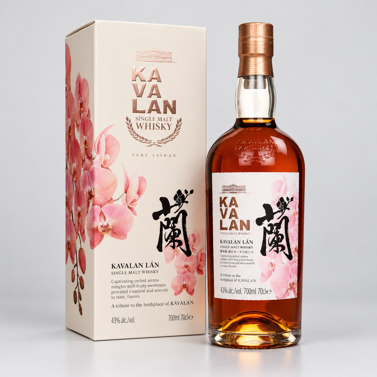 A bottle of Kavalan single malt whisky with its matching cream-colored packaging box, decorated with pink orchid illustrations and black calligraphy, set against a light gray background.