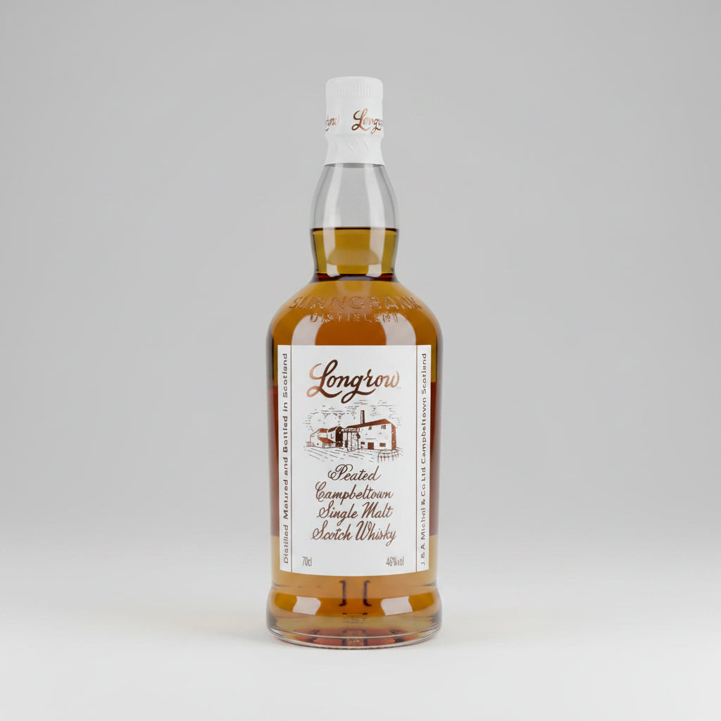 A bottle of Longrow Peated Campbellian Single Malt Scotch Whisky, 70cl, featuring a clear glass bottle with amber-colored whisky inside, a white label with brown text and illustration, and a white screw cap, set against a neutral gray background.