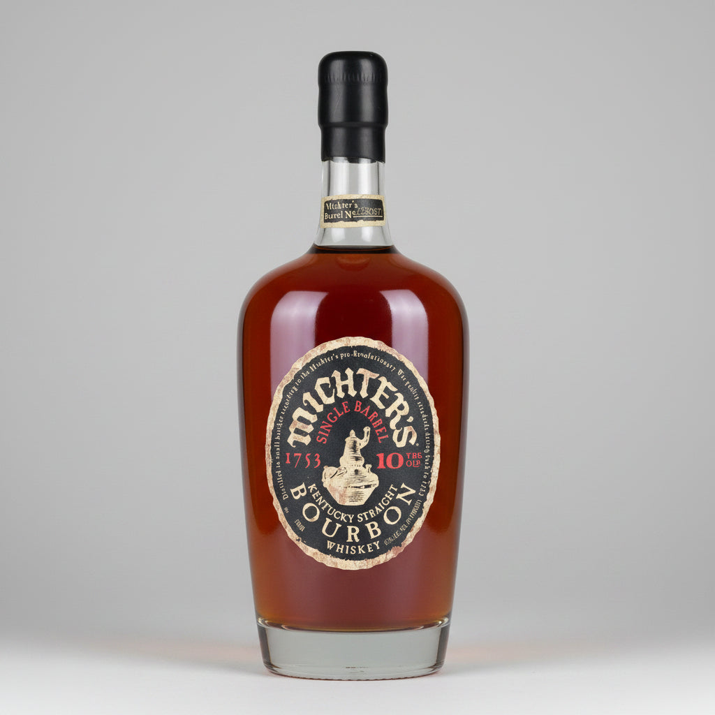 Bottle of Michter's 10-year-old Kentucky Straight Bourbon Whiskey on a dark background