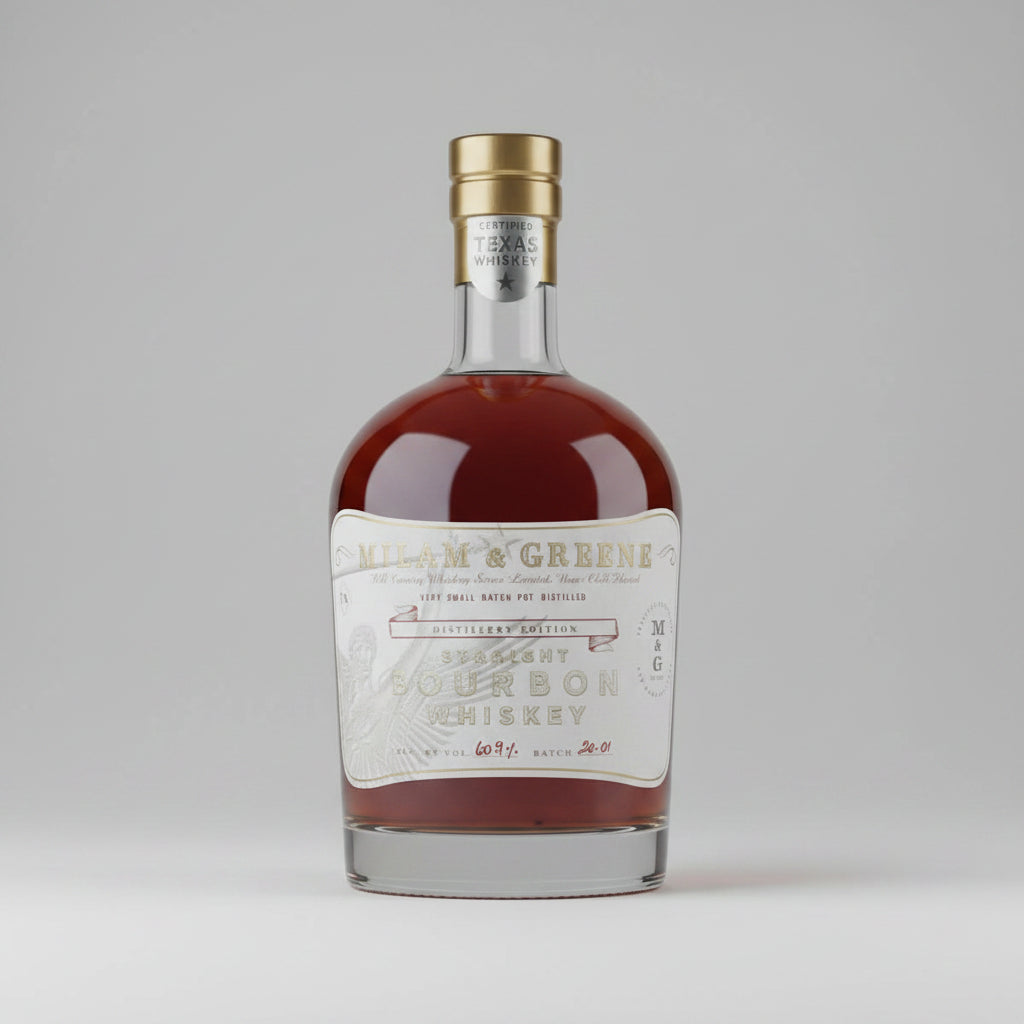 Bottle of Milam & Greene Kentucky Bourbon Whiskey on a white background