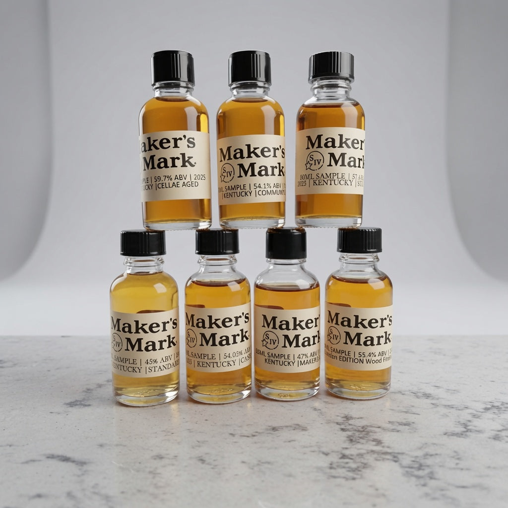 Multiple bottles of Maker's Mark whiskey arranged on a marble surface with a neutral background.