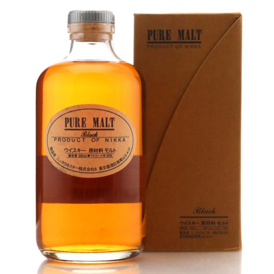 Bottle of Pure Malt whisky by Nikka with its packaging on a white background