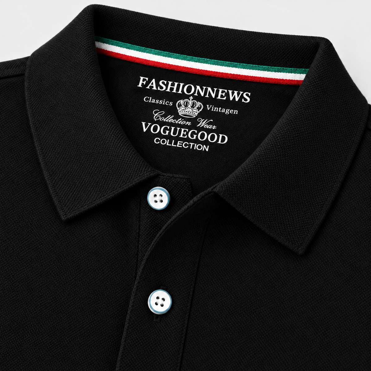 Close-up of a black polo shirt collar with white buttons and a visible inner neck label reading FASHIONNEWS, Classics Vintage, Collection Yours, VOGUEGOOD COLLECTION. A thin green, white, and red stripe is printed inside the collar.