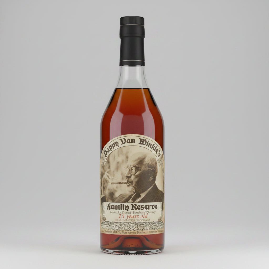 Bottle of Pappy Van Winkle's Family Reserve 15 years old bourbon with a portrait label.