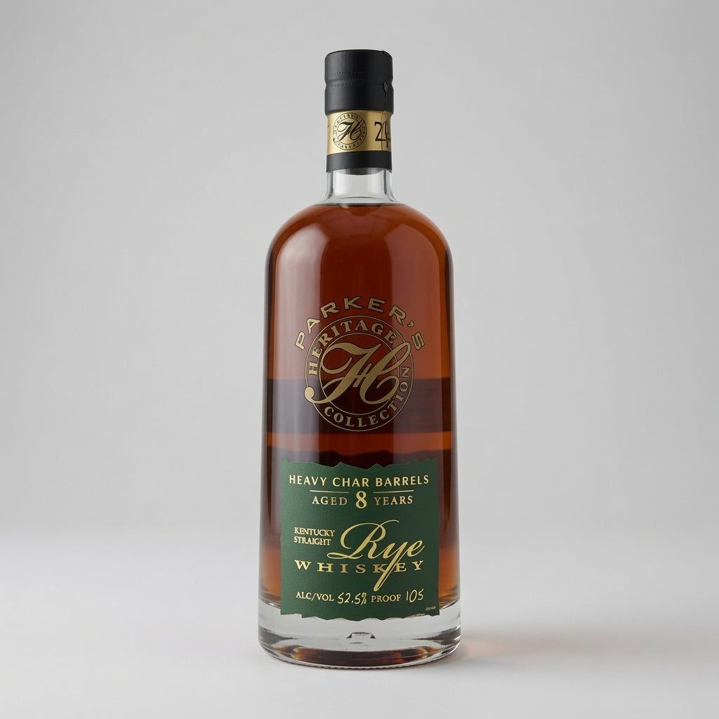 A bottle of Parker's Heritage Collection 1910 Rye Whiskey, 8 years aged in heavy char barrels, shown on a neutral light gray background.