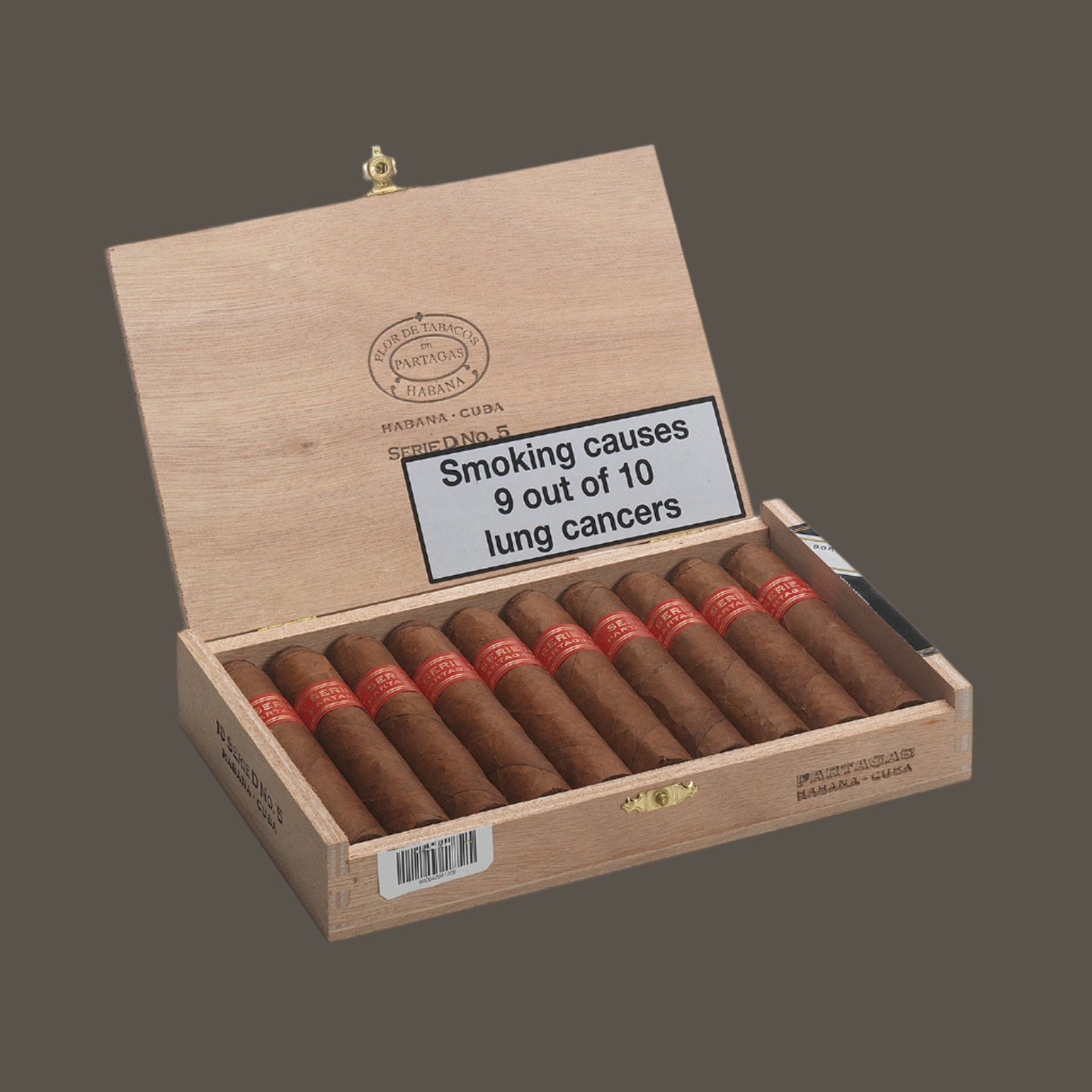 Open wooden box of cigars with a health warning label on a white background