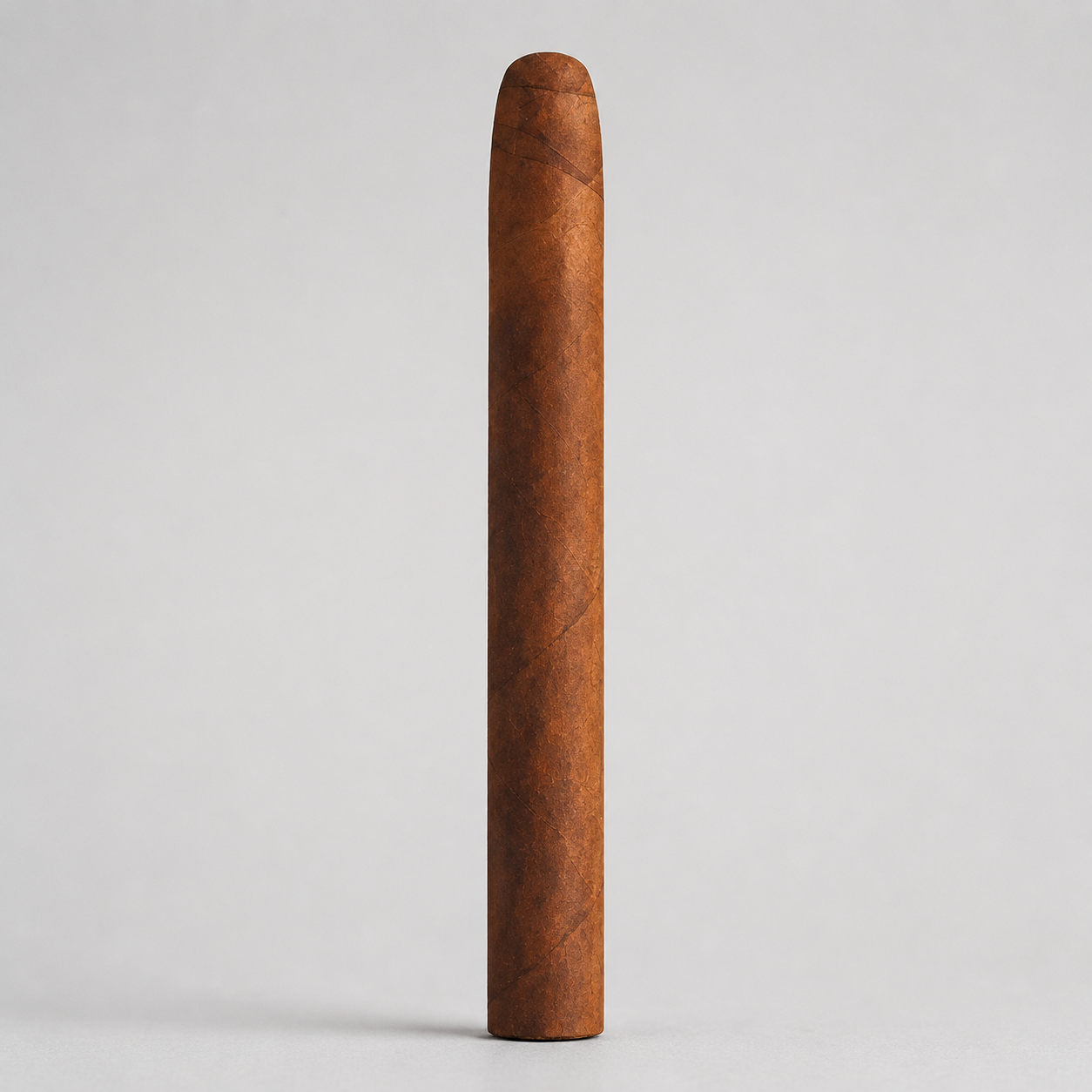 A single brown cigar standing vertically against a plain light gray background.