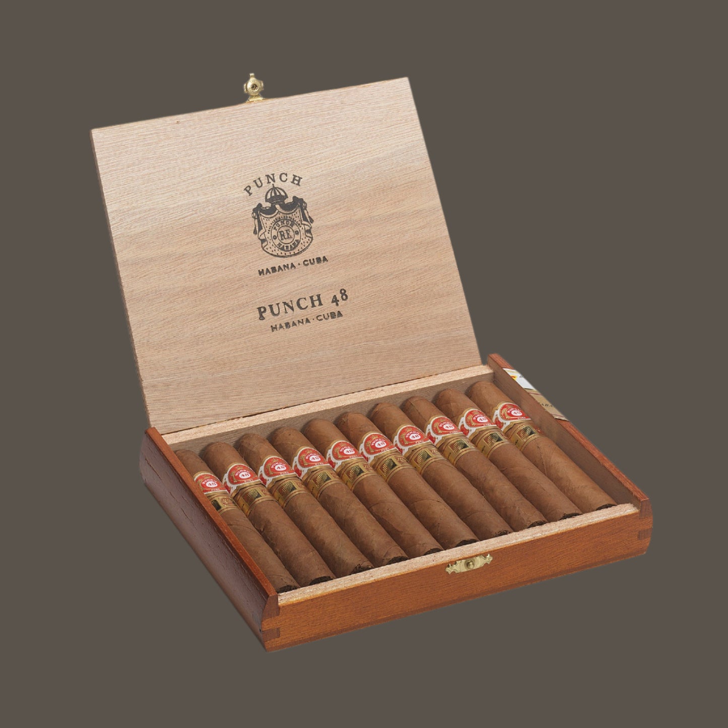 Open wooden box of Punch cigars with cigars inside on a white background