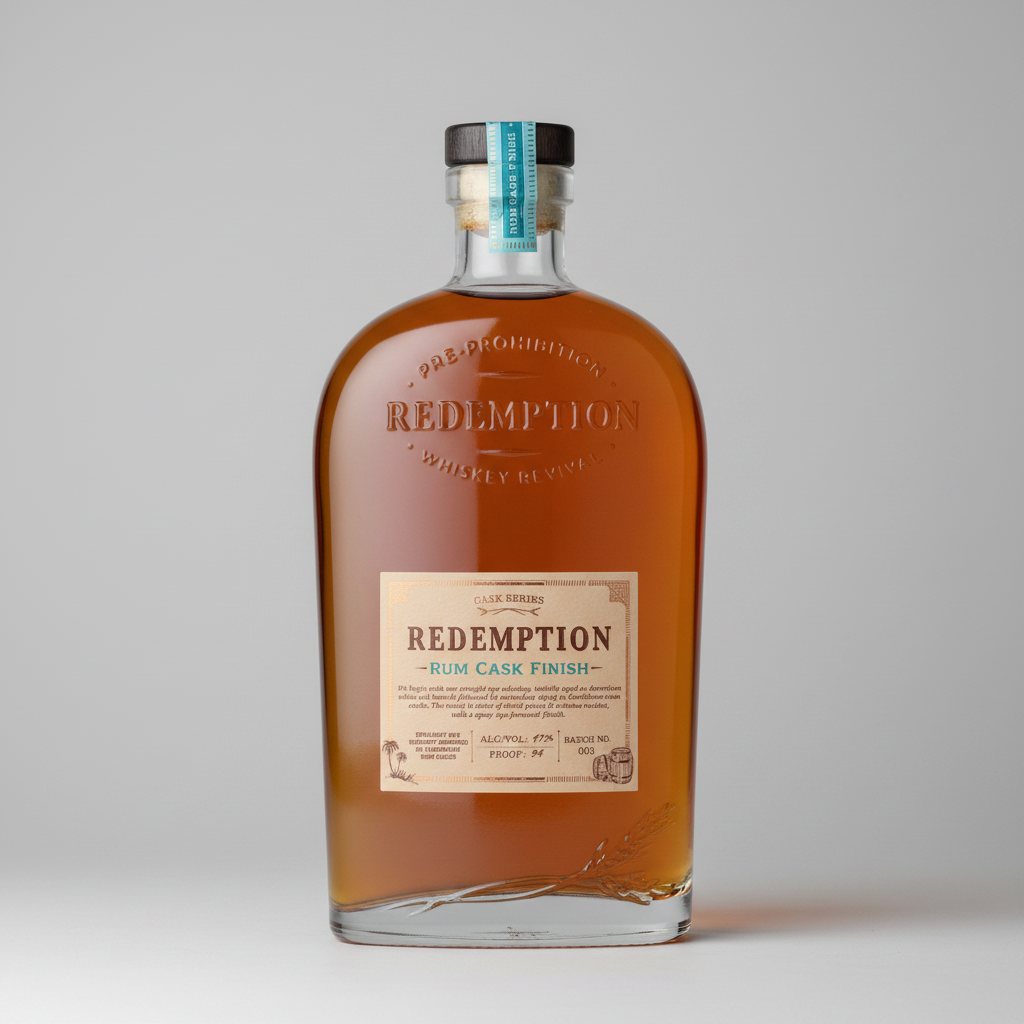 A bottle of Redemption Pre-Prohibition Rum Cask Finish whiskey, showing the amber liquid inside a clear glass bottle with a cream-colored label and a black cap.