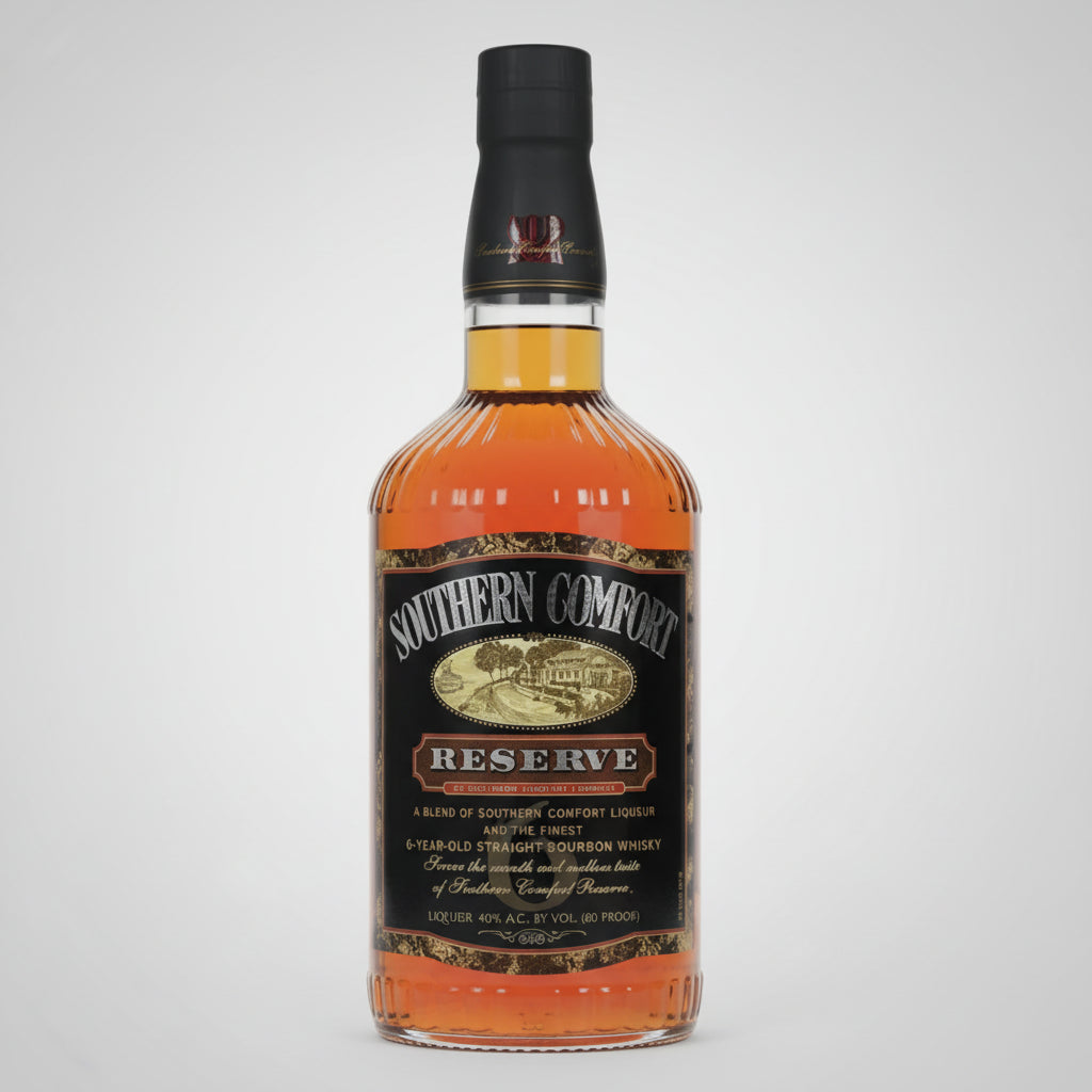 Bottle of Southern Comfort Reserve whiskey on a white background