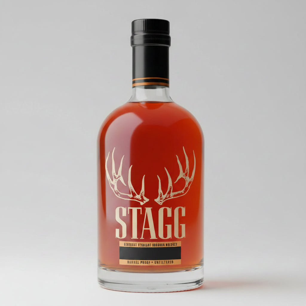 Bottle of Stagg Jr. whiskey with a prominent label on a white background