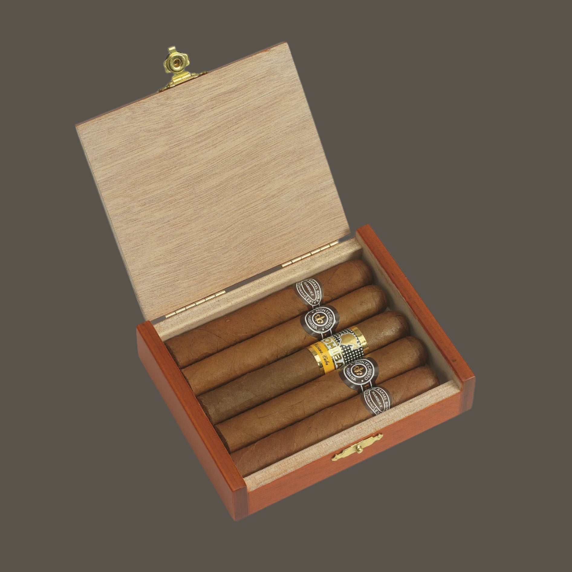 Open wooden cigar box with cigars inside on a white background