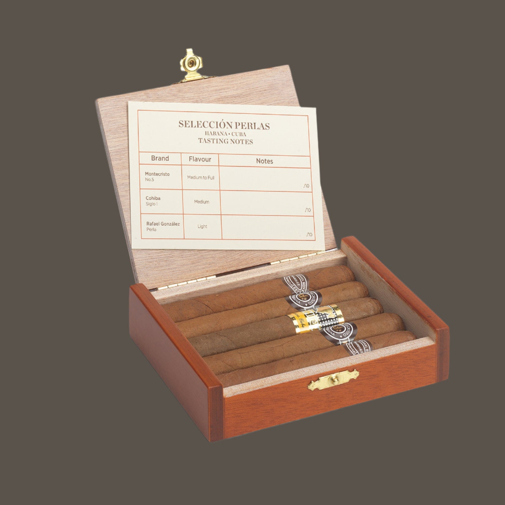 Wooden cigar humidor with cigars and tasting notes card on a white background