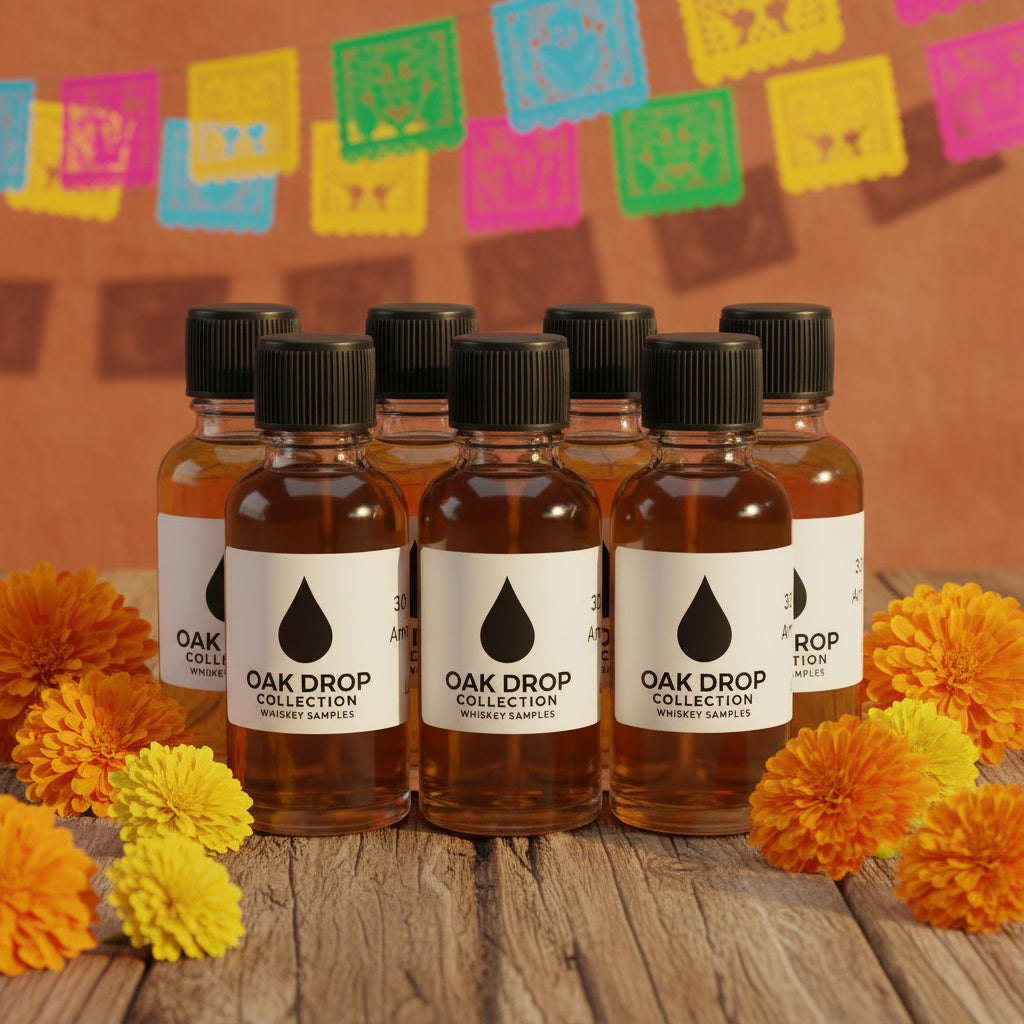 Bottles of Oak Drop Collection Tequilla samples on a Mexico background