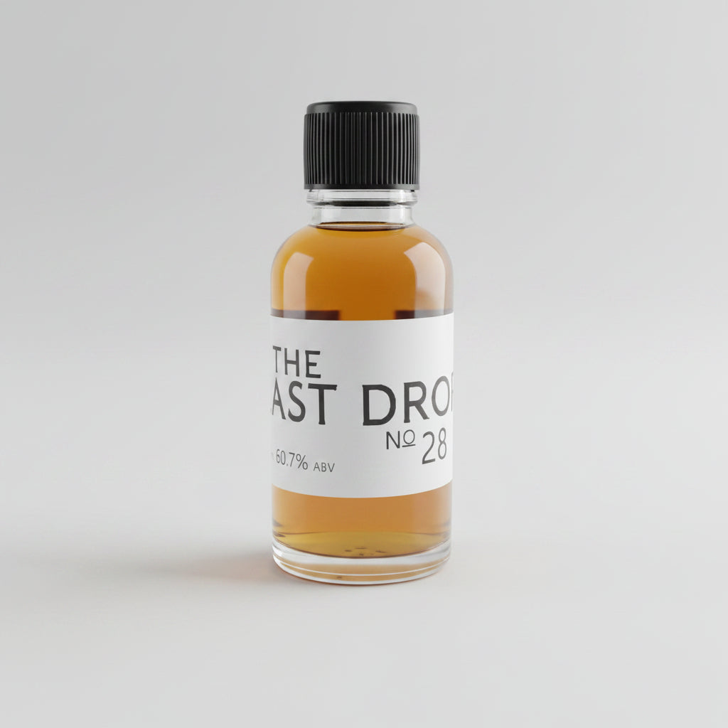Bottle of 'The Last Drop No 28' in a white studio