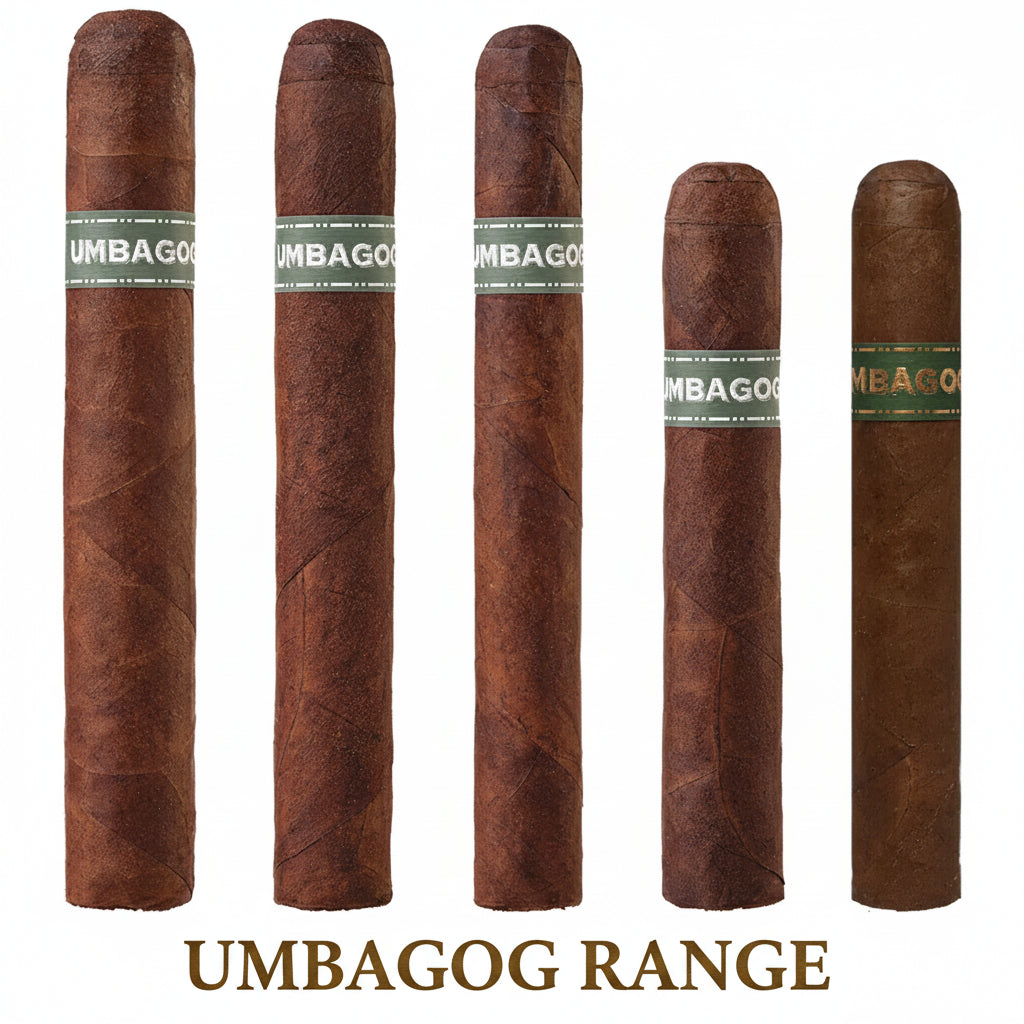 Five cigars with 'Umbagog' branding on a white background