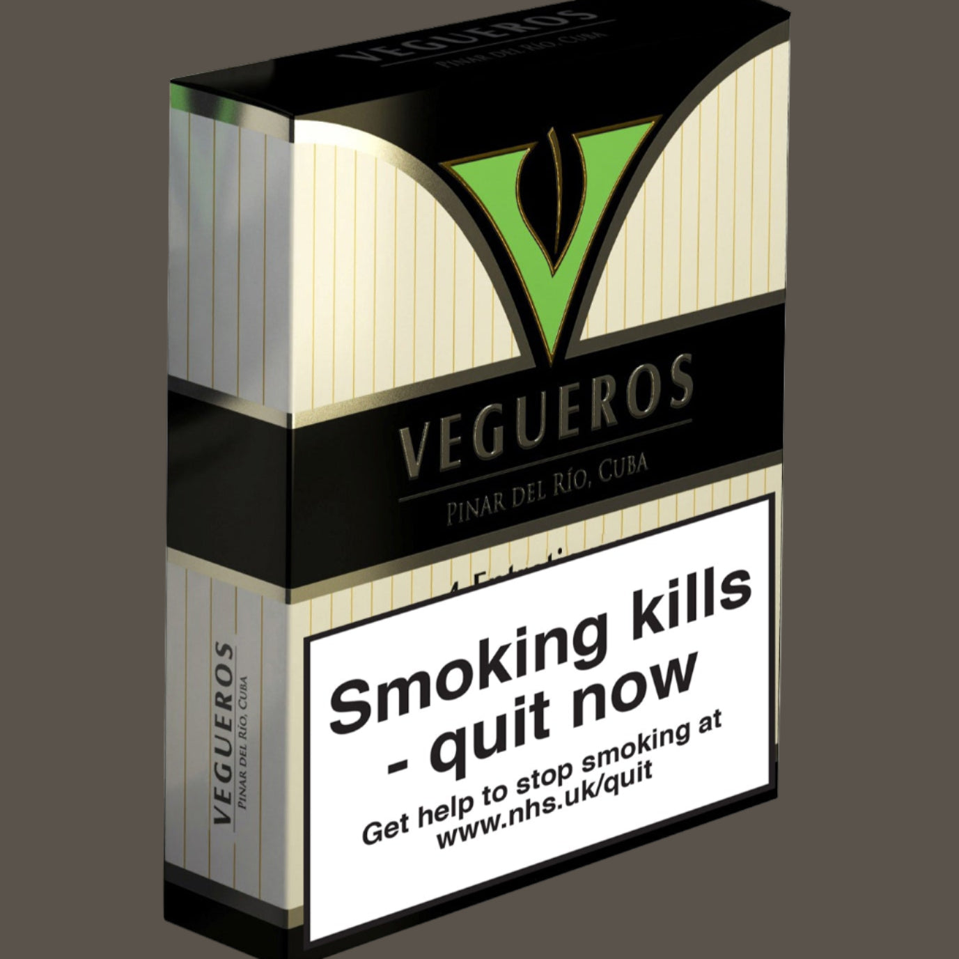 Vegueros cigarette pack with warning label on a white background