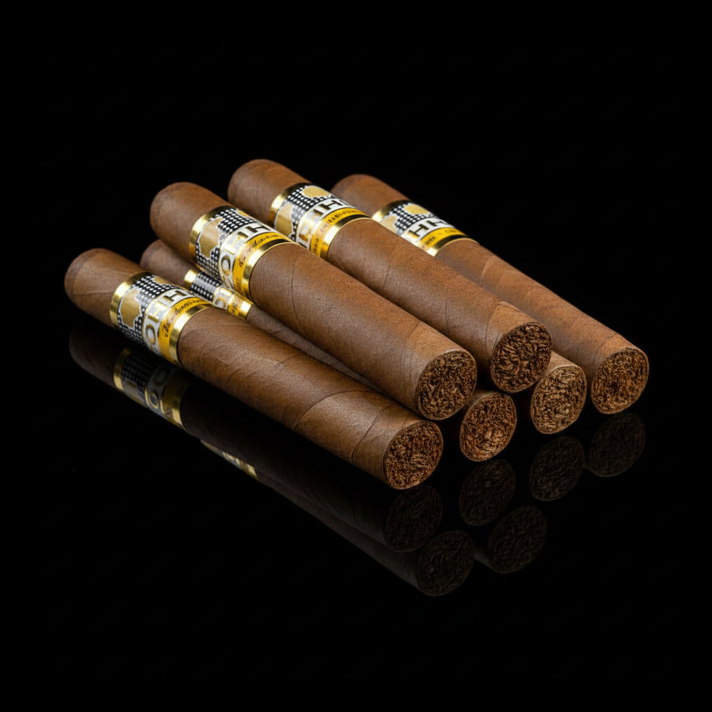 Cohiba Wide short cigar with a gold band on a black background - 6 bundle