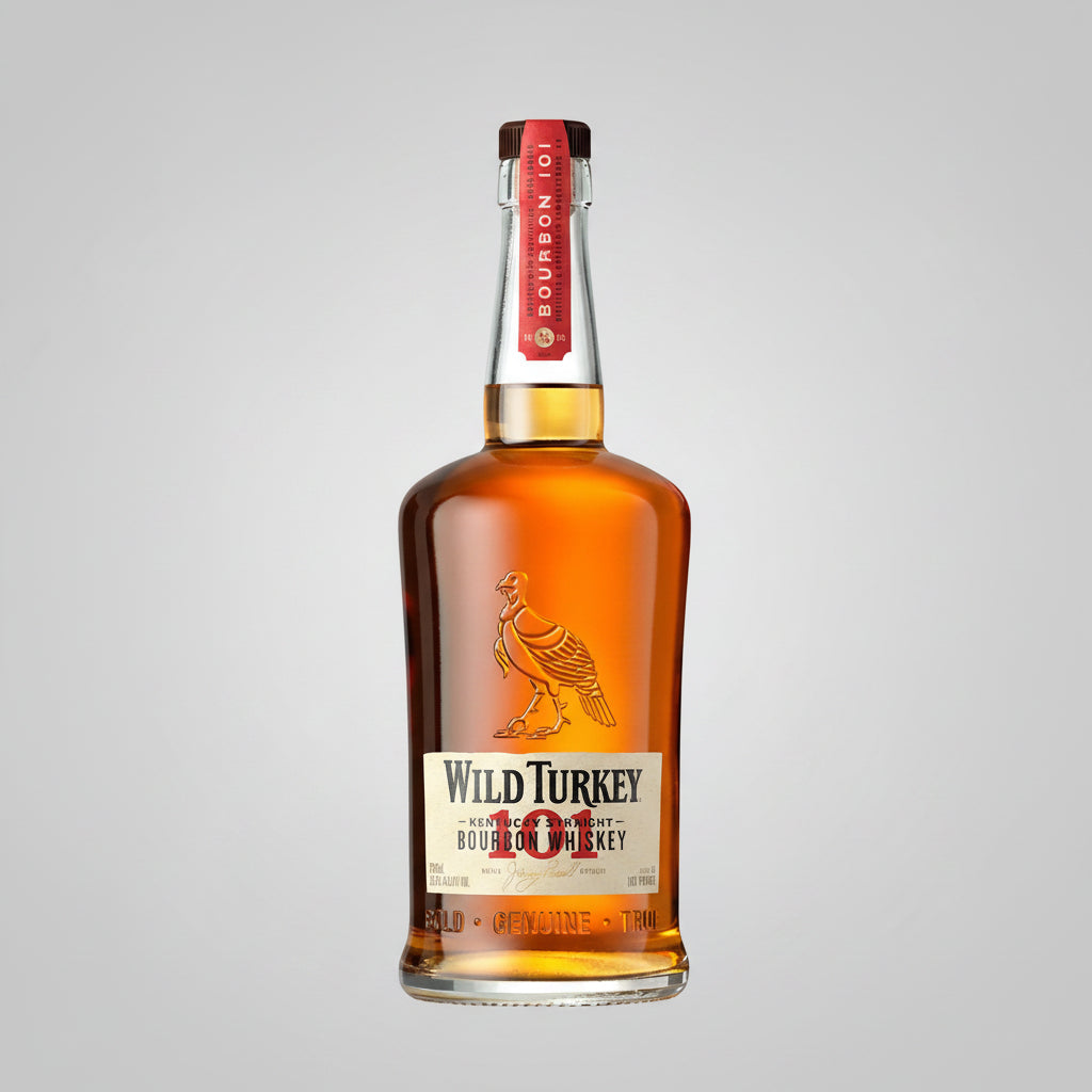 Wild Turkey 101 bourbon bottle on a white background