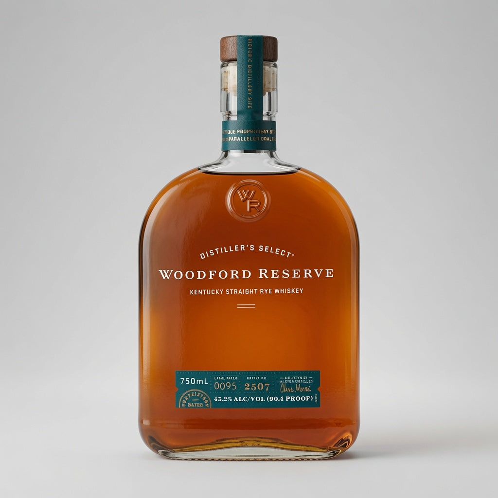 Woodford Reserve Distiller's Select Kentucky Straight Rye Whiskey in a 750ml clear glass bottle, showing the amber-brown liquid inside, with a dark teal label and a brown wooden stopper on a light gray background.
