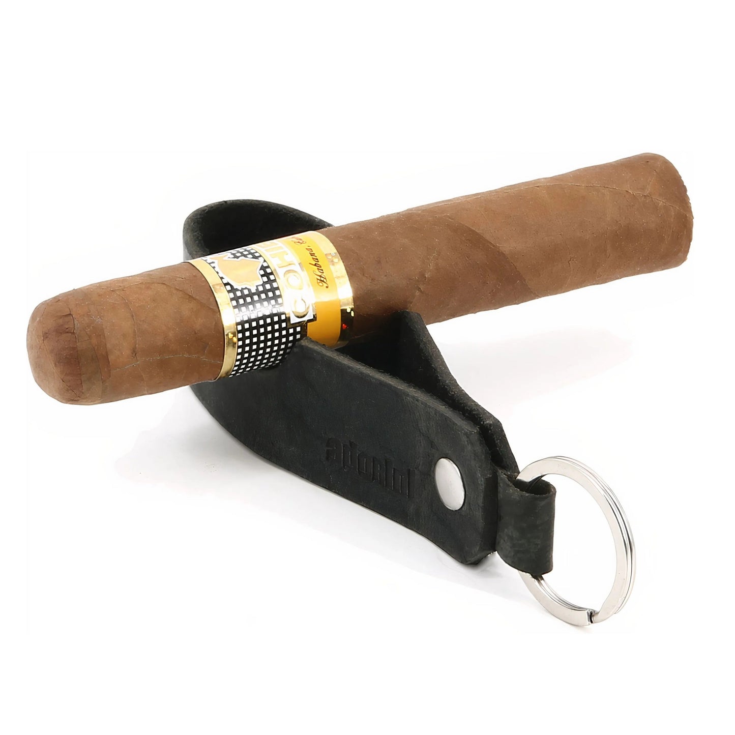 Cigar with a black leather holder on a white background
