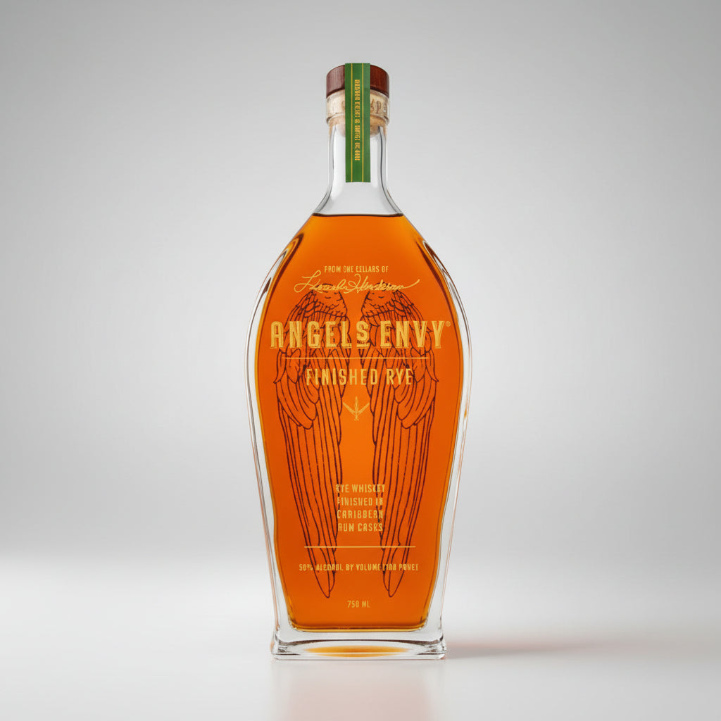Angels Envy Finished Rye 750ml bottle of rye whiskey, showing the amber liquid and detailed wing graphic on the front label.