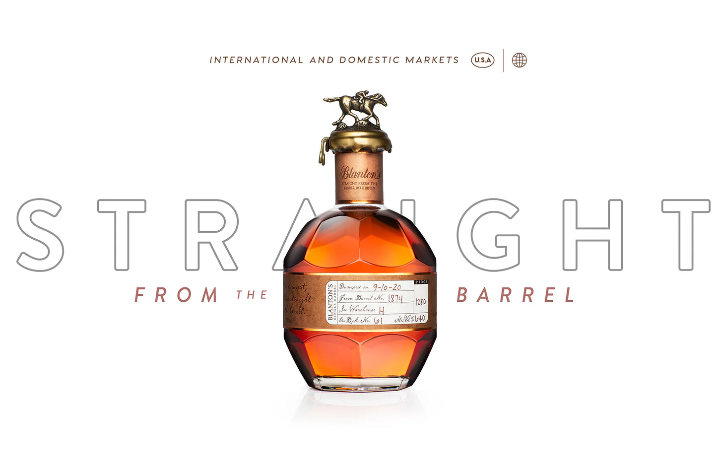 Bottle of bourbon with 'Straight from the Barrel' text on a white background
