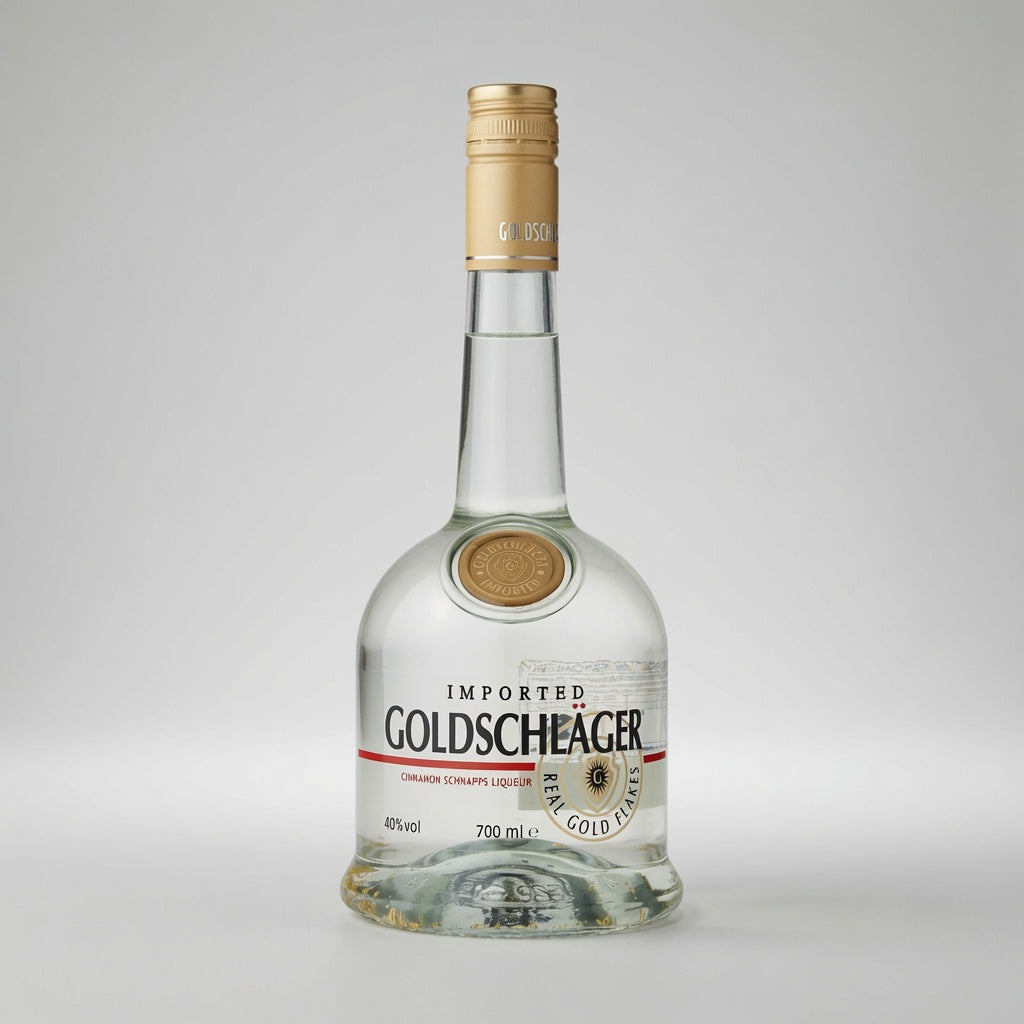 A bottle of Goldschlager 40% vol clear spirit with a gold foil cap and a white label featuring black and red text, set against a neutral light gray background.